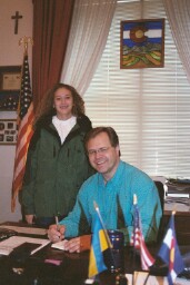 Lizzie in Gortex meeting Congressman Bob Schaeffer